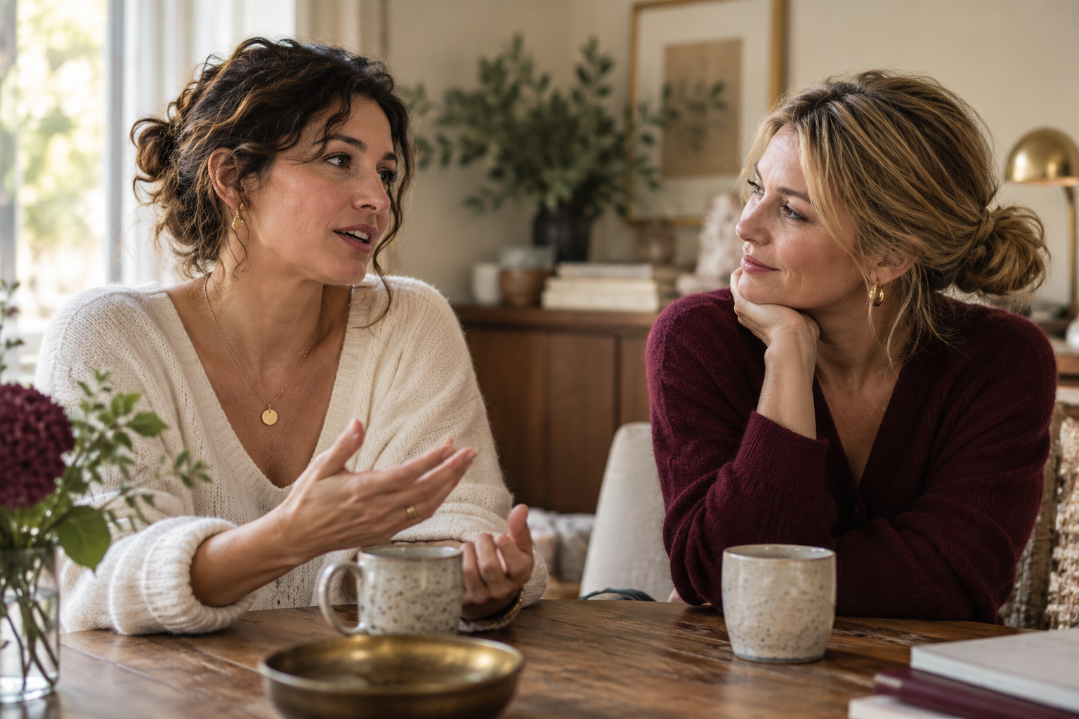 Two women talk over coffee at a wooden table, one listening attentively as the other speaks.